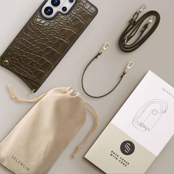 Selencia Cover per telefono Nova Croco con cordino e portacarte Samsung Galaxy S26 Ultra - Dark Olive