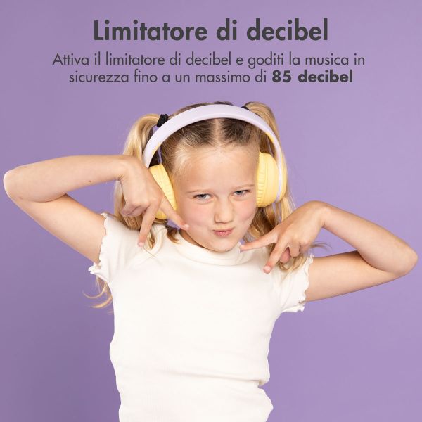 imoshion Cuffie wireless per bambini con LED Light - Limitatore di decibel - Con cavo AUX - Lavender Lilac / Yellow