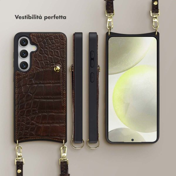 Selencia Cover per telefono Nova Croco con cordino e portacarte Samsung Galaxy S25 / S24 - Choco Brown