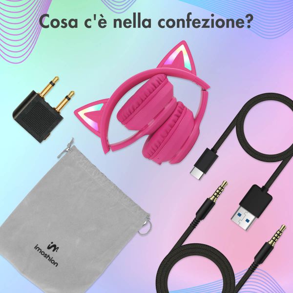 imoshion Cuffie wireless per bambini LED Light Cat Ear - Limitatore di Decibel - Con cavo AUX - Hot Pink
