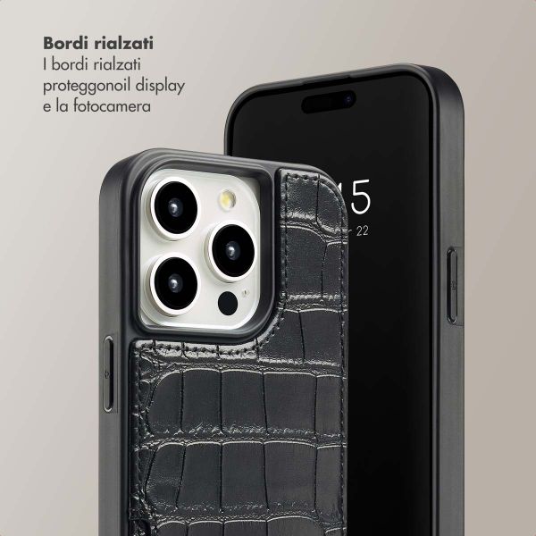 Selencia Cover per telefono Nova Croco con cordino e portacarte Apple iPhone 15 Pro - Nero