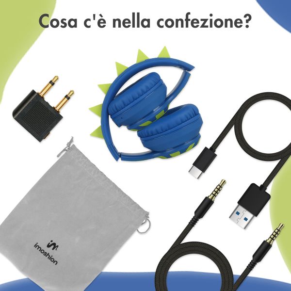 imoshion Cuffie wireless per bambini Dino LED Light - Limitatore di decibel - Con cavo AUX - Cobalt Blue / Lime