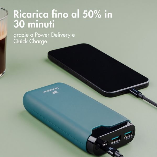 imoshion Powerbank da 20.000 mAh - Caricabatterie rapido da 22,5 W - USB-C / USB-A - Petrol Green
