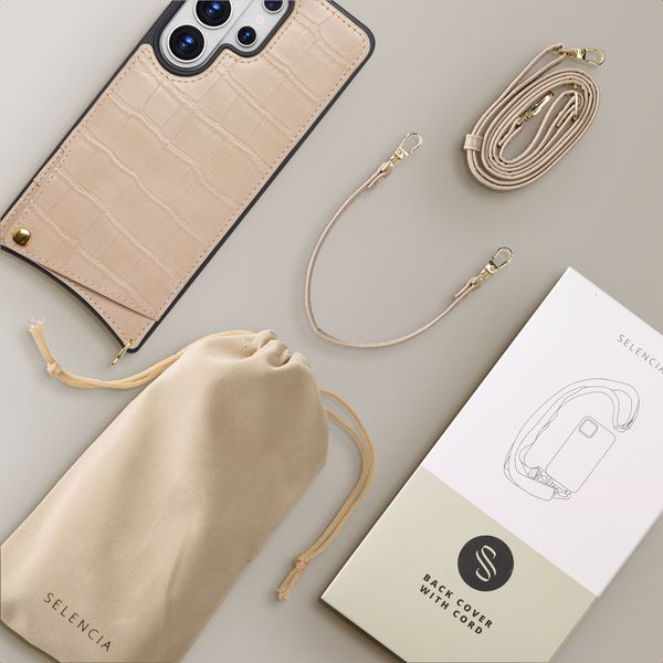 Selencia Cover per telefono Nova Croco con cordino e portacarte Samsung Galaxy S26 Ultra - Beige