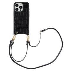 Selencia Cover per telefono Nova Croco con cordino e portacarte Apple iPhone 16 Pro - Nero