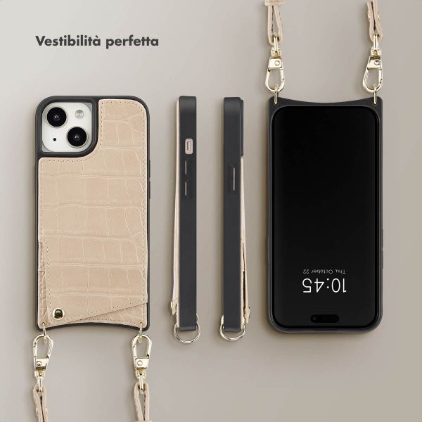Selencia Cover per telefono Nova Croco con cordino e portacarte Apple iPhone 15 - Beige