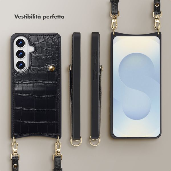 Selencia Cover per telefono Nova Croco con cordino e portacarte Samsung Galaxy S26 - Nero