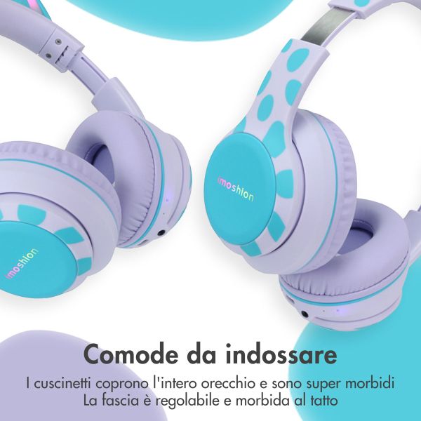imoshion Cuffie wireless per bambini Unicorn LED Light - Limitatore di decibel - Con cavo AUX - Lavender Lilac / Soft Blue