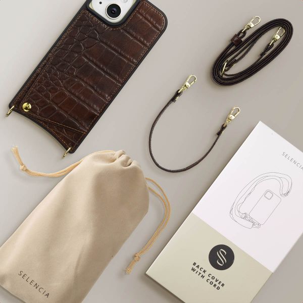 Selencia Cover per telefono Nova Croco con cordino e portacarte Apple iPhone 15 - Choco Brown