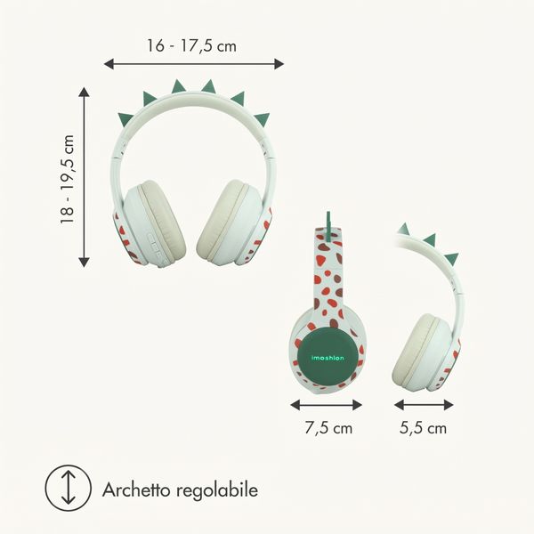 imoshion Cuffie Bluetooth Kids Dino - Cuffie per bambini con limitatore di decibel - Cuffie wireless + cavo AUX - Brown / Orange