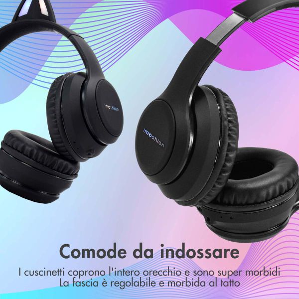 imoshion Cuffie wireless per bambini LED Light Cat Ear - Limitatore di decibel - Con cavo AUX - Nere