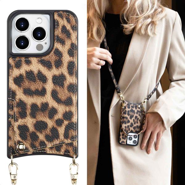 Selencia Cover per telefono Nova con cordino e portacarte Apple iPhone 15 Pro - Leopard