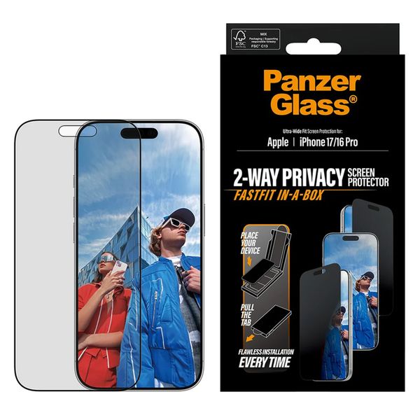 PanzerGlass Vetro temperato privacy Ultra Wide Fit FastFit in-a-box Apple iPhone 17 / 16 Pro