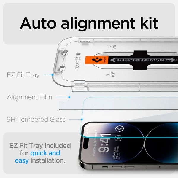 Spigen Vetro temperato GLAStR EZ Fit, confezione da 2 + Applicatore Apple iPhone 14 Pro