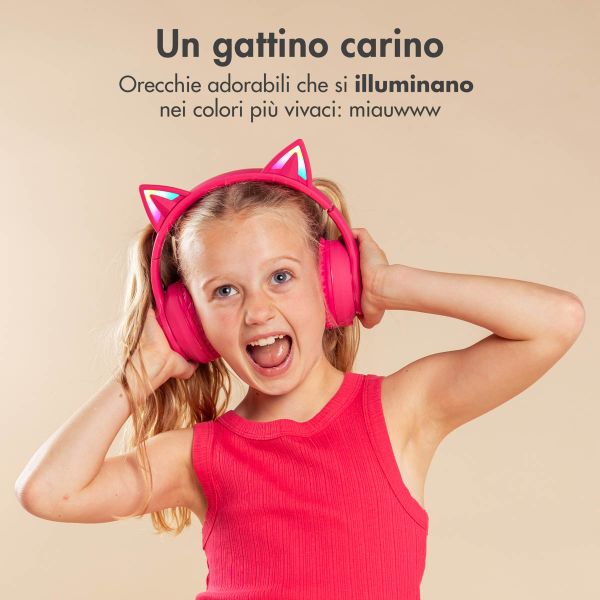 imoshion Cuffie wireless per bambini LED Light Cat Ear - Limitatore di Decibel - Con cavo AUX - Hot Pink