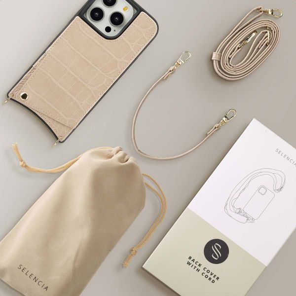 Selencia Cover per telefono Nova Croco con cordino e portacarte Apple iPhone 14 Pro - Beige