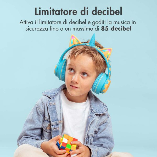 imoshion Cuffie wireless per bambini Unicorn LED Light - Limitatore di decibel - Con cavo AUX - Soft Blue / Yellow