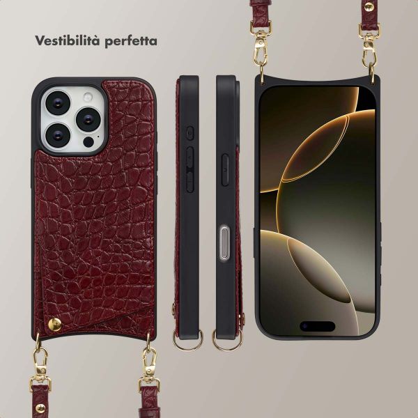 Selencia Cover per telefono Nova Croco con cordino e portacarte Apple iPhone 16 Pro - Burgundy