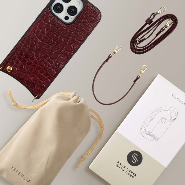 Selencia Cover per telefono Nova Croco con cordino e portacarte Apple iPhone 16 Pro - Burgundy