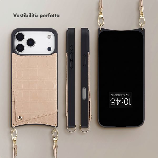 Selencia Cover per telefono Nova Croco con cordino e portacarte Apple iPhone 18 Pro / 17 Pro - Beige