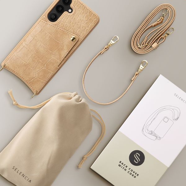 Selencia Cover per telefono Nova Croco con cordino e portacarte Samsung Galaxy S25 / S24 - Toasted Almond