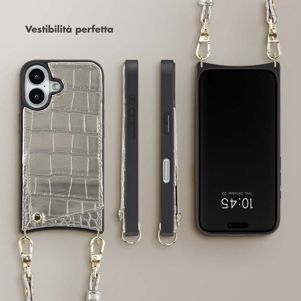 Selencia Cover per telefono Nova Croco con cordino e portacarte Apple iPhone 16 - Argento