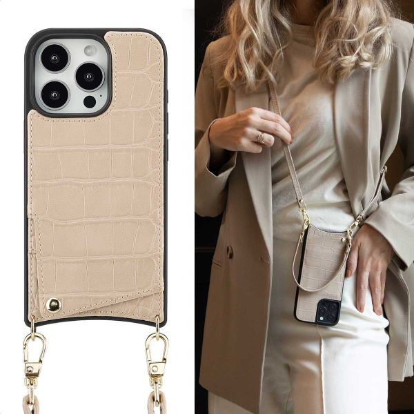 Selencia Cover per telefono Nova Croco con cordino e portacarte Apple iPhone 16 Pro - Beige
