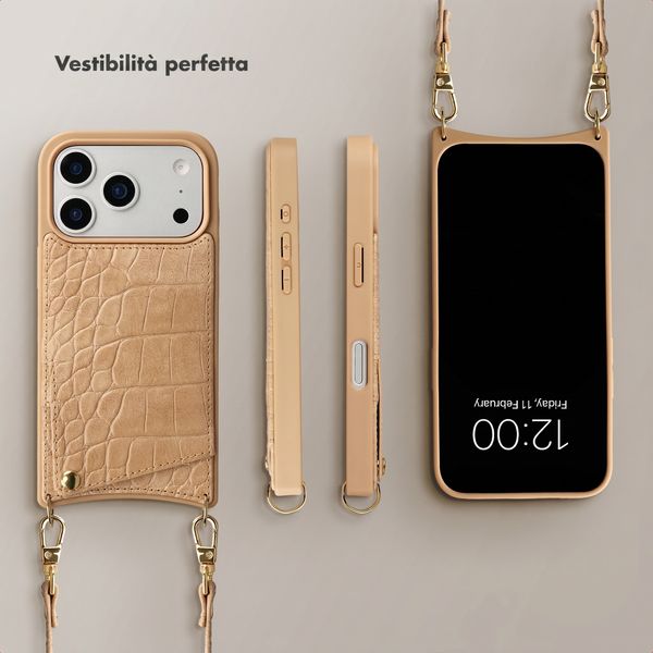 Selencia Cover per telefono Nova Croco con cordino e portacarte Apple iPhone 17 Pro - Toasted Almond