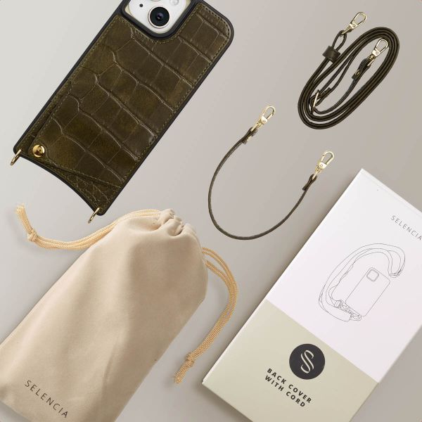 Selencia Cover per telefono Nova Croco con cordino e portacarte Apple iPhone 15 - Dark Olive