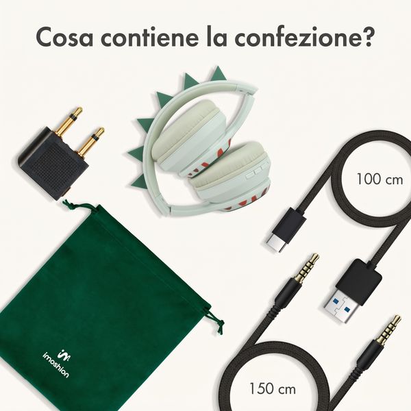 imoshion Cuffie Bluetooth Kids Dino - Cuffie per bambini con limitatore di decibel - Cuffie wireless + cavo AUX - Brown / Orange