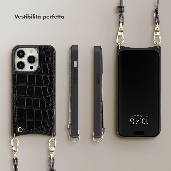 Selencia Cover per telefono Nova Croco con cordino e portacarte Apple iPhone 14 Pro - Nero