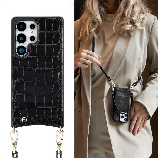 Selencia Cover per telefono Nova Croco con cordino e portacarte Samsung Galaxy S25 Ultra - Nero