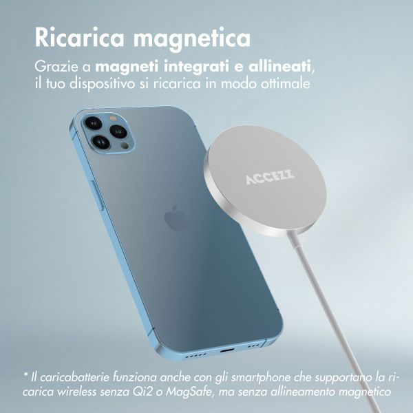 Accezz Caricabatterie Wireless USB-C - Caricatore Senza Fili MagSafe e Qi2 - 1 metro - Bianco