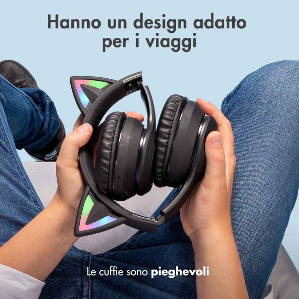 imoshion Cuffie wireless per bambini LED Light Cat Ear - Limitatore di decibel - Con cavo AUX - Nere