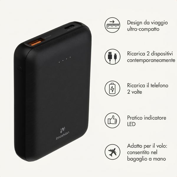 imoshion Powerbank compatta da 10.000 mAh – Powerbank piccola – Quick Charge e Power Delivery – Nero