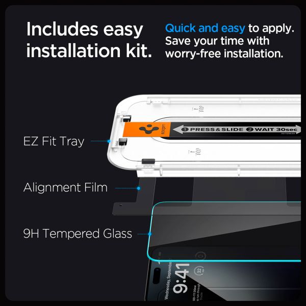 Spigen Vetro temperato privacy GLAStR EZ Fit + Applicatore - confezione da 2 Apple iPhone 15 Pro