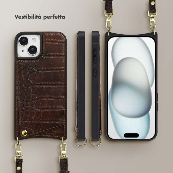 Selencia Cover per telefono Nova Croco con cordino e portacarte Apple iPhone 15 - Choco Brown