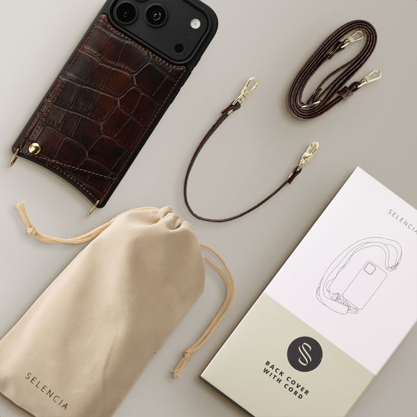 Selencia Cover per telefono Nova Croco con cordino e portacarte Apple iPhone 18 Pro Max / 17 Pro Max - Choco Brown