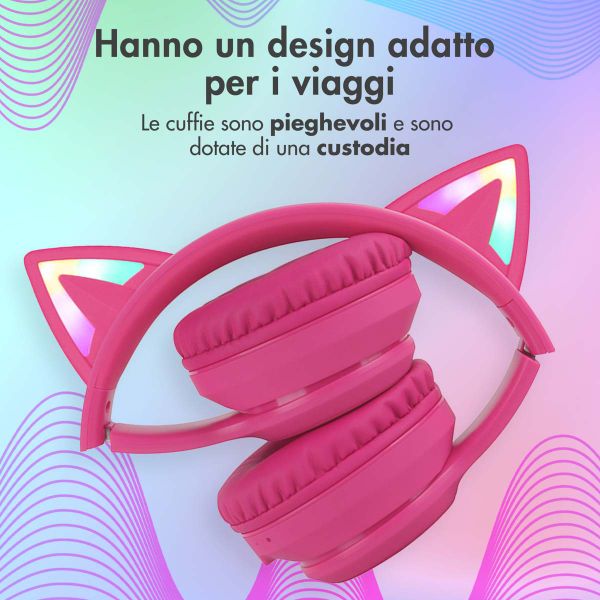 imoshion Cuffie wireless per bambini LED Light Cat Ear - Limitatore di Decibel - Con cavo AUX - Hot Pink
