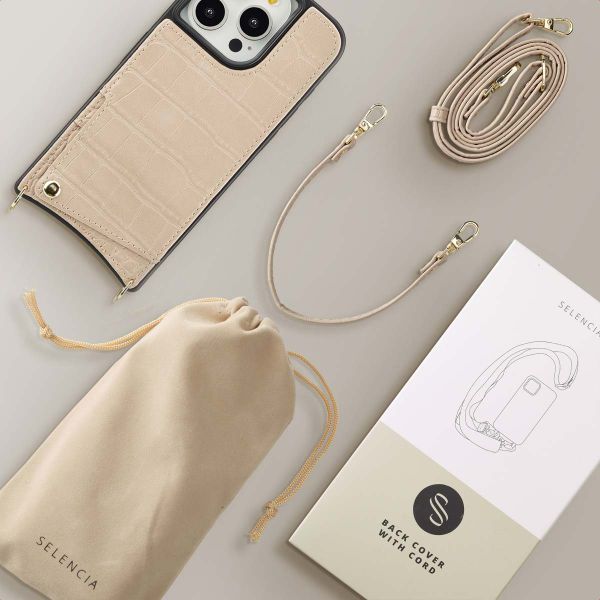 Selencia Cover per telefono Nova Croco con cordino e portacarte Apple iPhone 15 Pro - Beige