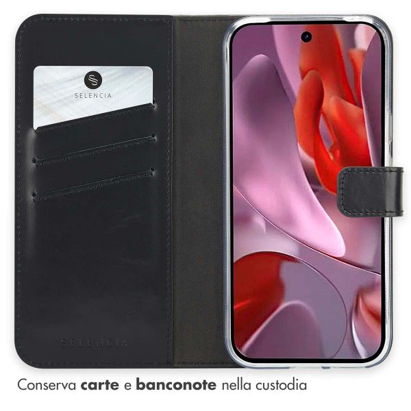 Selencia Cover a libro in vera pelle Google Pixel 9A - Nero