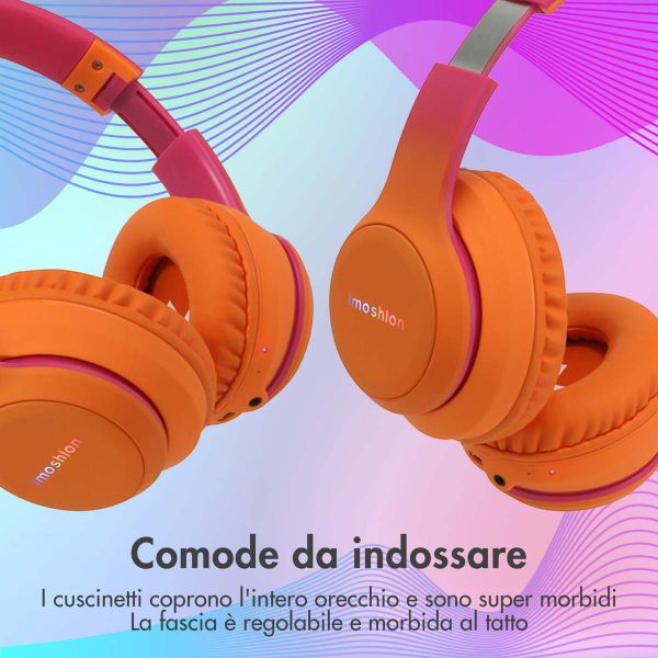 imoshion Cuffie wireless per bambini con LED Light - Limitatore di decibel - Con cavo AUX - Hot Pink / Apricot Orange Crush