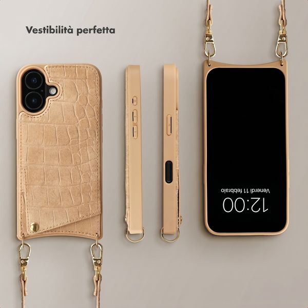 Selencia Cover per telefono Nova Croco con cordino e portacarte Apple iPhone 16 - Toasted Almond