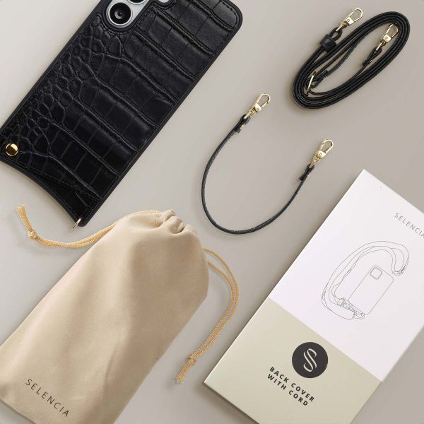 Selencia Cover per telefono Nova Croco con cordino e portacarte Samsung Galaxy S25 FE - Nero