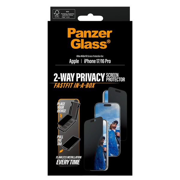 PanzerGlass Vetro temperato privacy Ultra Wide Fit FastFit in-a-box Apple iPhone 17 / 16 Pro