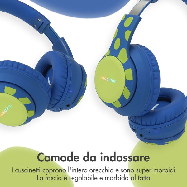 imoshion Cuffie wireless per bambini Dino LED Light - Limitatore di decibel - Con cavo AUX - Cobalt Blue / Lime