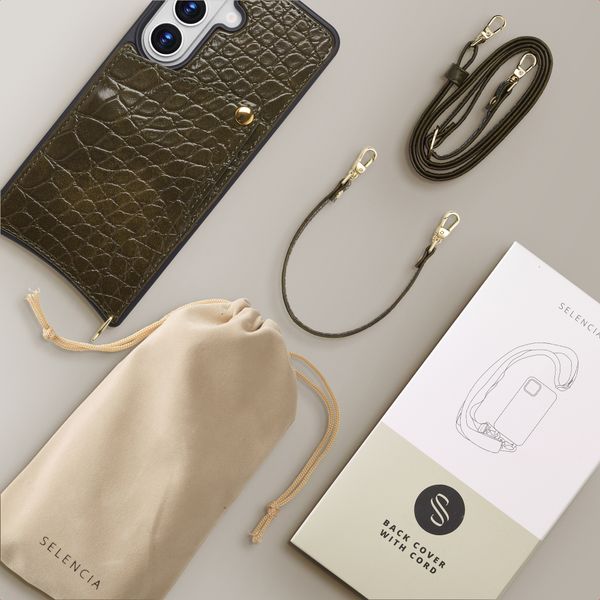 Selencia Cover per telefono Nova Croco con cordino e portacarte Samsung Galaxy S26 - Dark Olive