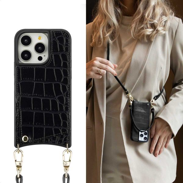 Selencia Cover per telefono Nova Croco con cordino e portacarte Apple iPhone 14 Pro - Nero