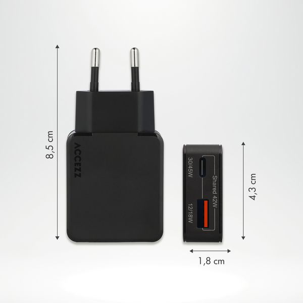 Accezz Caricabatterie GaN Ultra Slim - USB-C + USB-A - 45 W - Nero