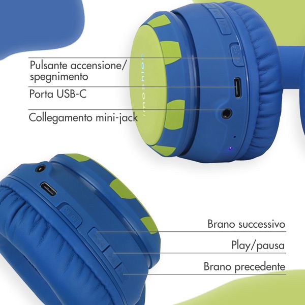 imoshion Cuffie wireless per bambini Dino LED Light - Limitatore di decibel - Con cavo AUX - Cobalt Blue / Lime